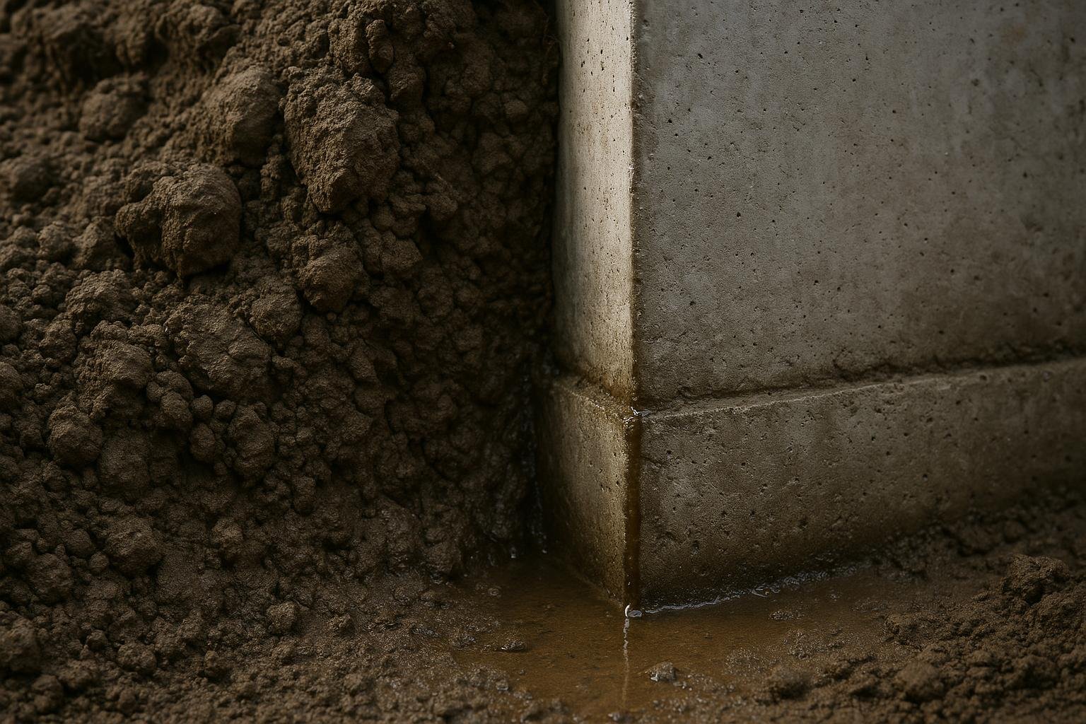 Cross-section view of dense clay soil pressing against a concrete foundation wall with visible moisture seepage at the base
