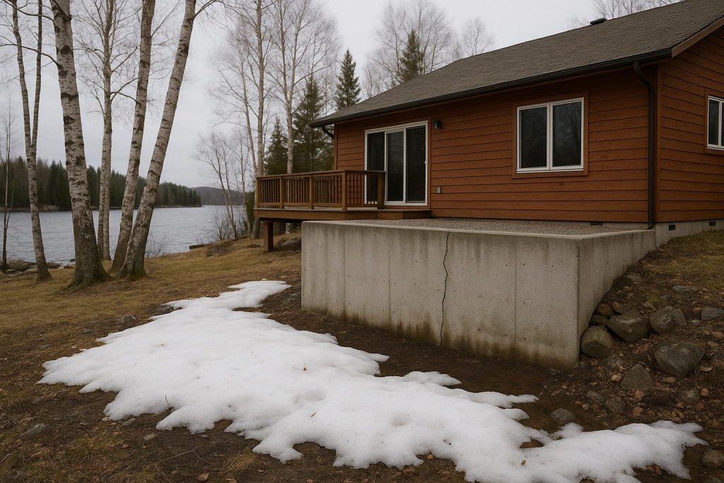 Poured concrete cottage foundation wall beside Lake Nipissing showing moisture staining and a vertical crack requiring waterproofing