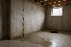 Water seeping through a poured concrete basement wall crack during spring thaw in North Bay Ontario
