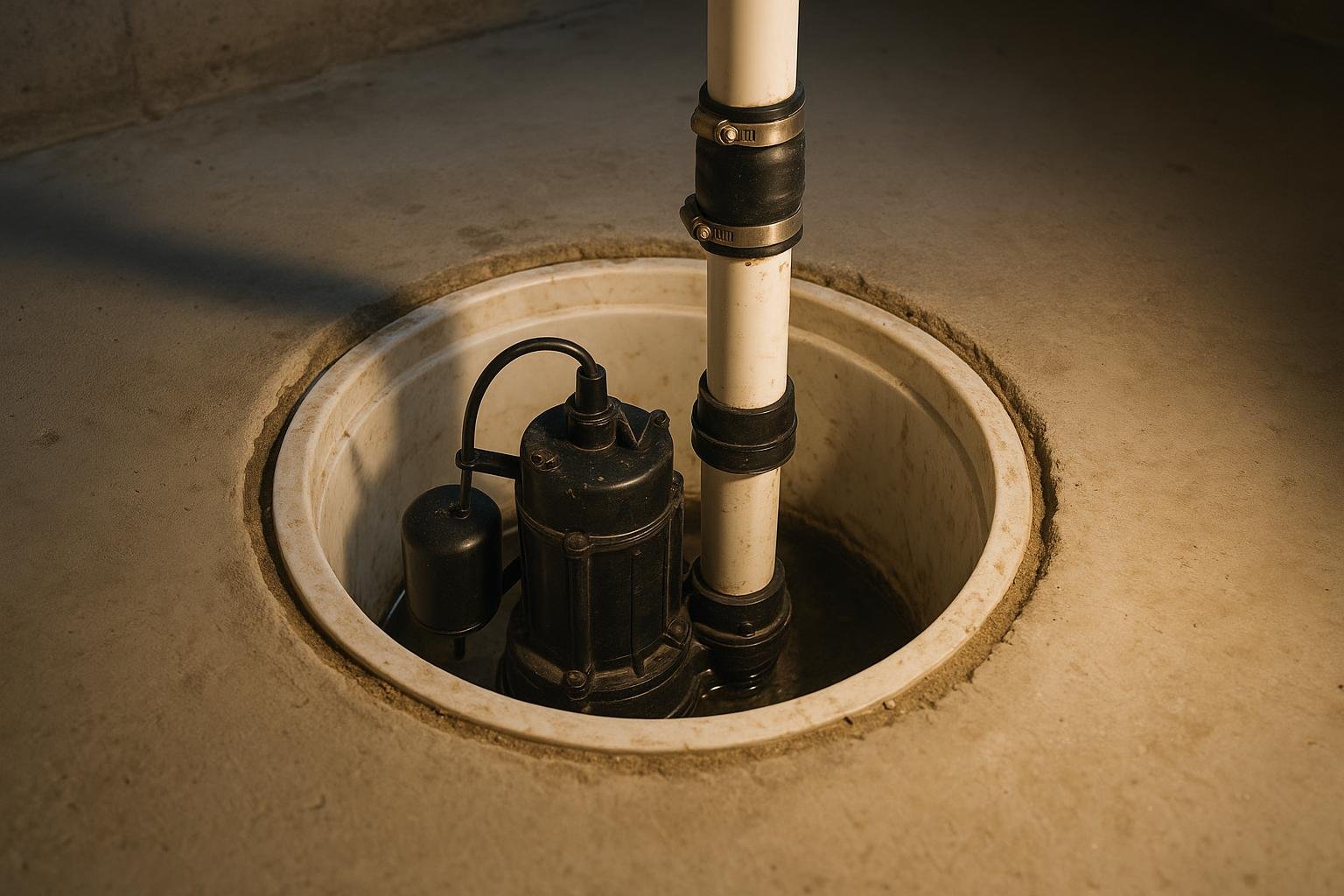 Close view of a sump pump basin with float switch and PVC discharge pipe visible