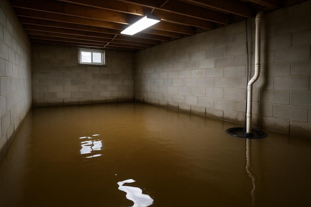 Flooded Toronto basement with water covering the concrete floor near a sump pit