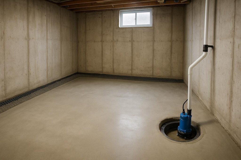 Newly installed submersible sump pump in a concrete basement basin in North Bay Ontario