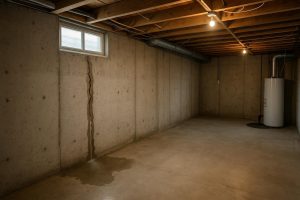 Water seeping through a vertical crack in a poured concrete basement wall during a rainstorm