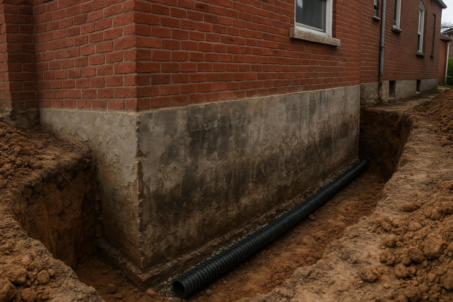 Cross-section view of dense clay soil pressing against a residential foundation wall beside a Toronto home