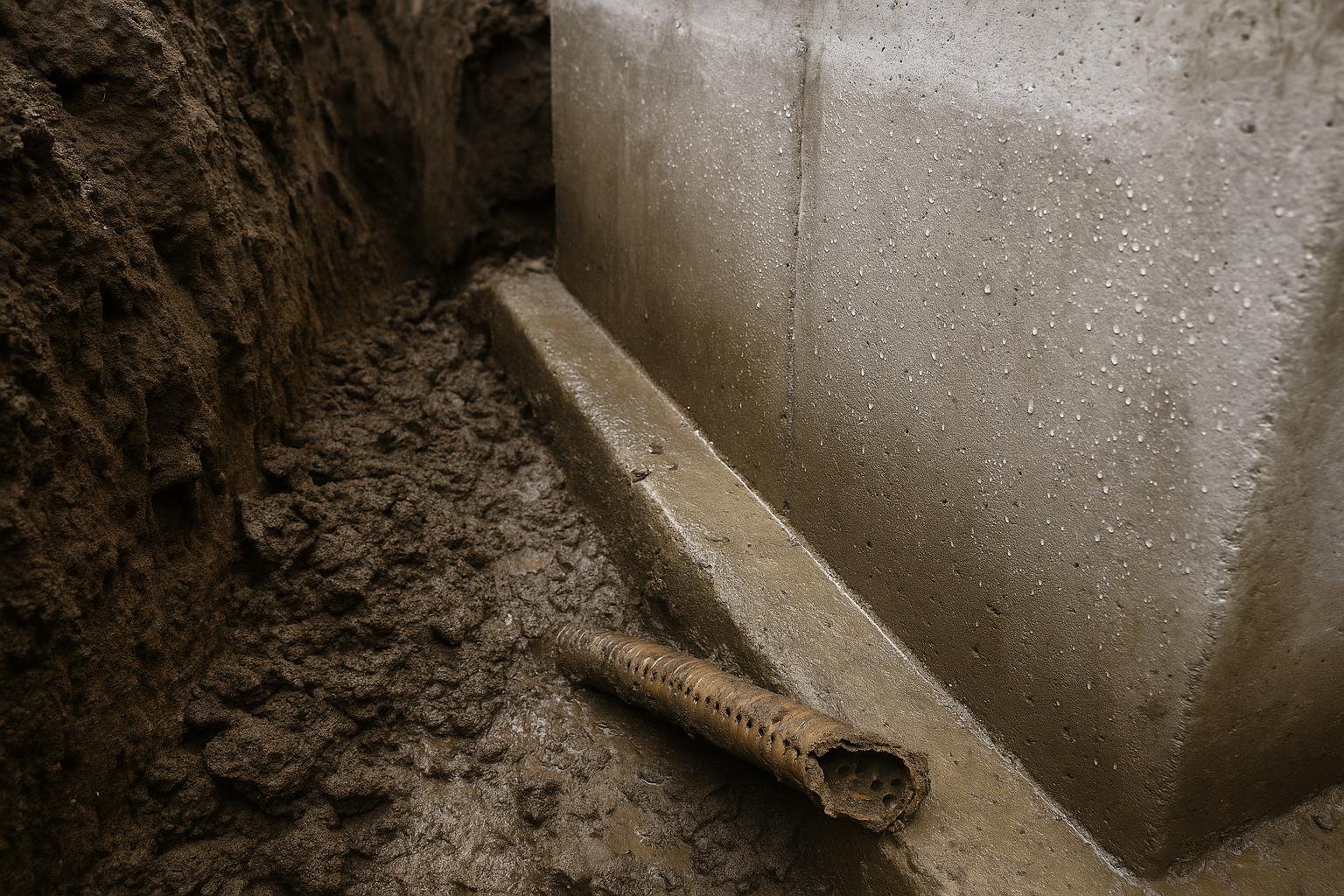 Cross-section view of heavy clay soil pressing against a residential foundation wall with visible moisture seepage