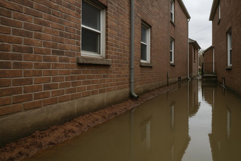 Standing water pooling against the base of a brick residential foundation wall after heavy rain