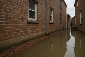Standing water pooling against the base of a brick residential foundation wall after heavy rain