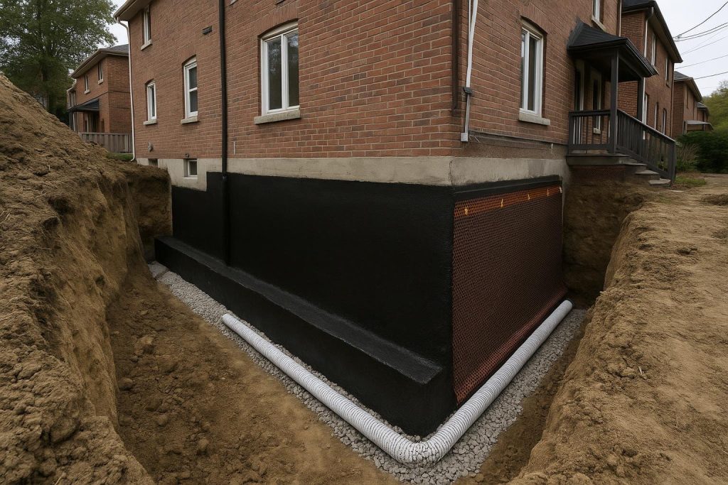 Excavated Toronto home foundation showing rubberised waterproof membrane applied to concrete wall beside weeping tile in clear stone