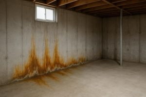 Yellow-brown water stains spreading from the base of a poured concrete basement wall in a Toronto home