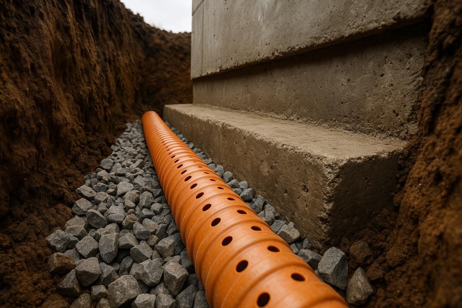 Perforated weeping tile pipe bedded in clear stone at the base of an excavated foundation footing