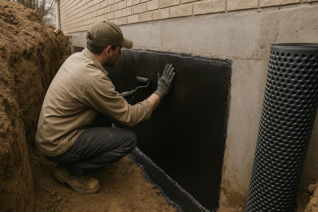 Excavated foundation wall in Alliston showing clay soil and rubberised waterproofing membrane application