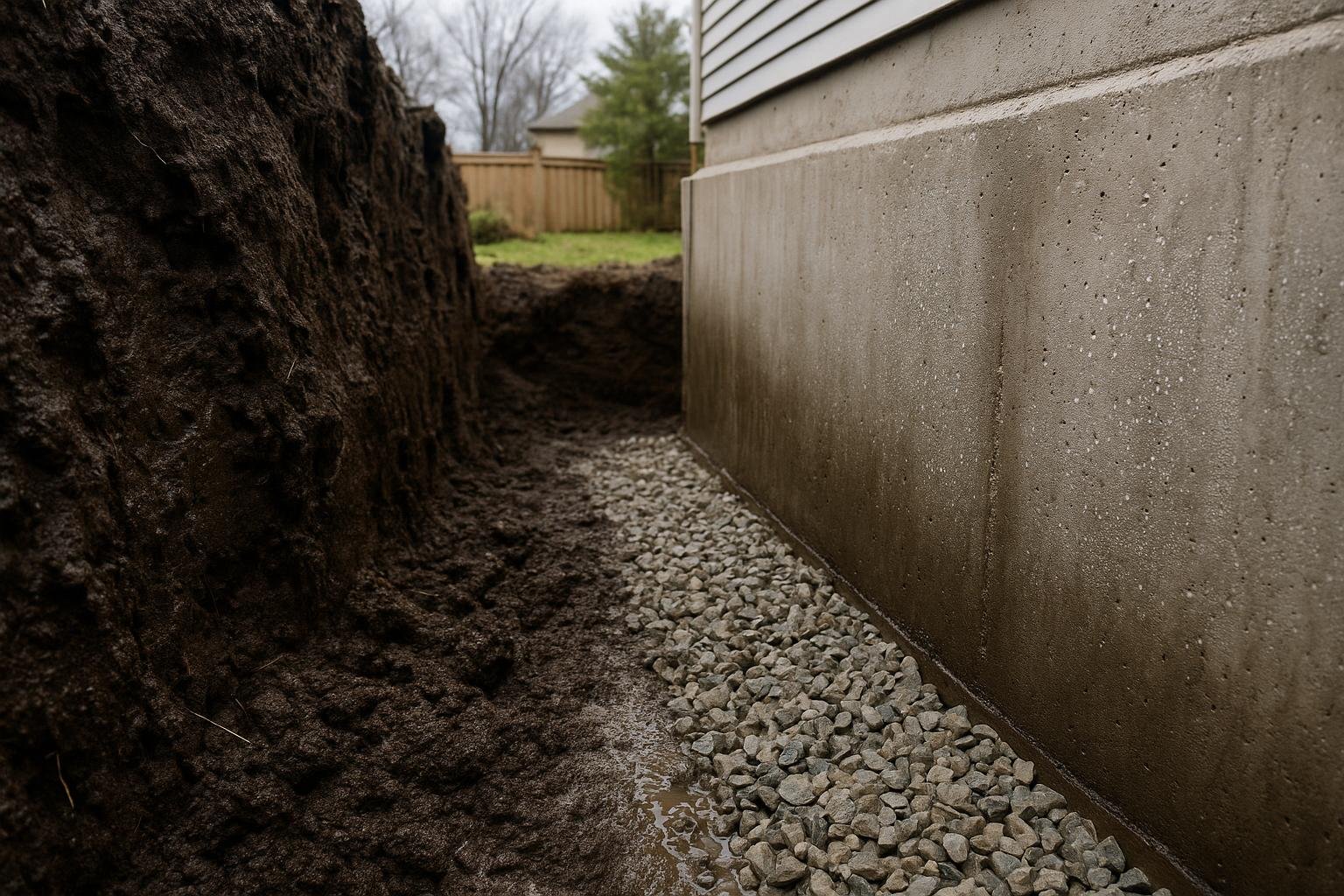 Cross-section view of clay-loam soil saturated with water pressing against a residential foundation wall