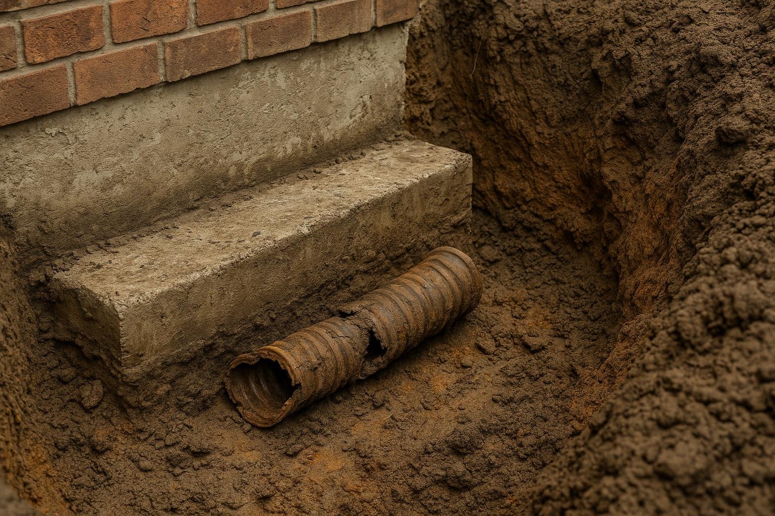 Excavated foundation wall beside an Alliston home showing old clay weeping tile at the footing