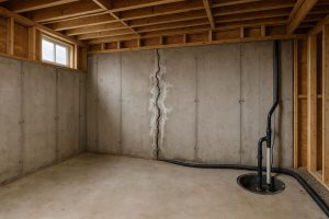 Vertical crack with efflorescence on unfinished poured-concrete basement wall Ontario