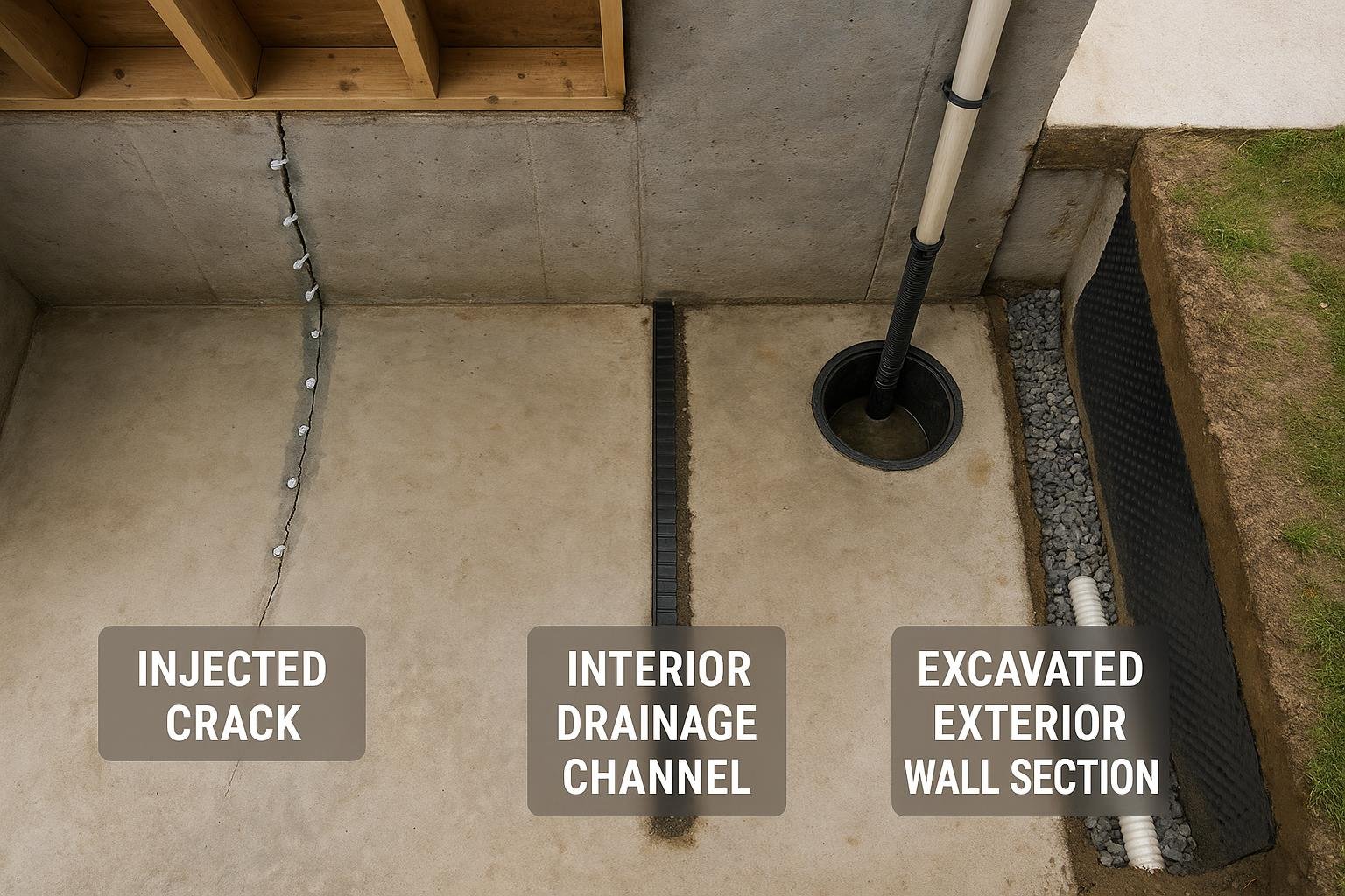 Comparison overview of crack injection, interior drainage, and exterior excavation repair options