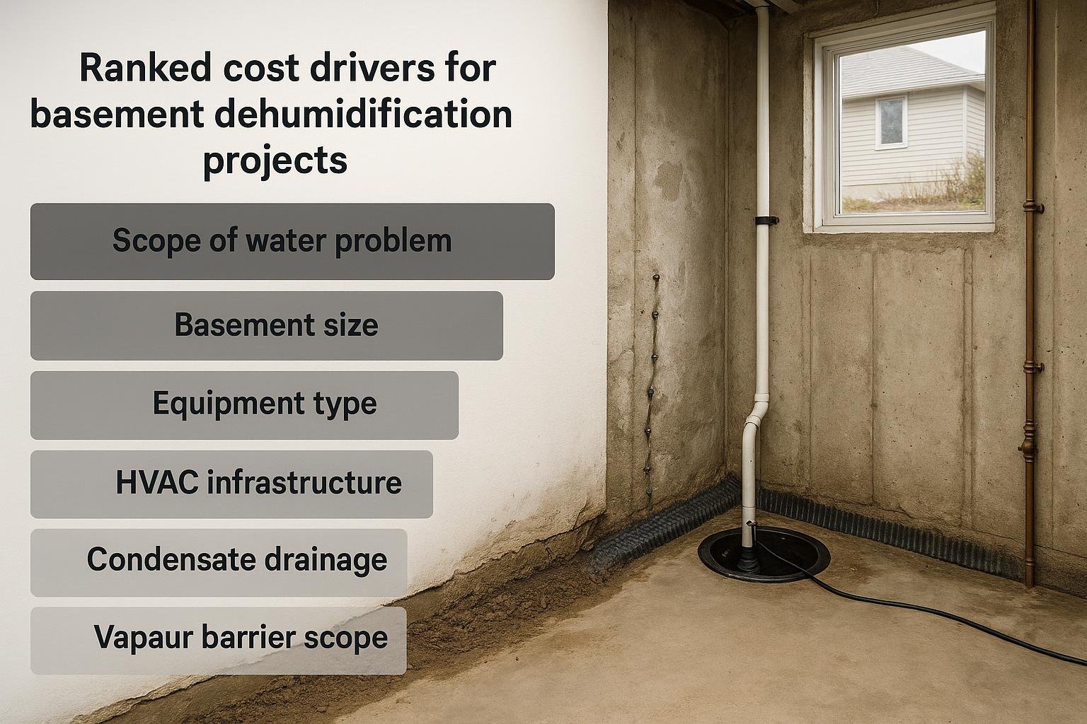 Ranked cost drivers for basement dehumidification illustrated as a tiered infographic