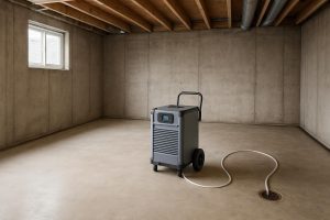 Commercial basement dehumidifier running in a dry Ontario basement