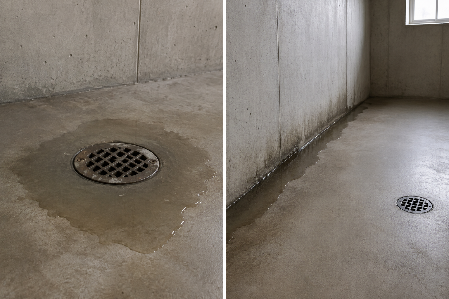 Illustration comparing a drain overflow with interior wall and floor seepage