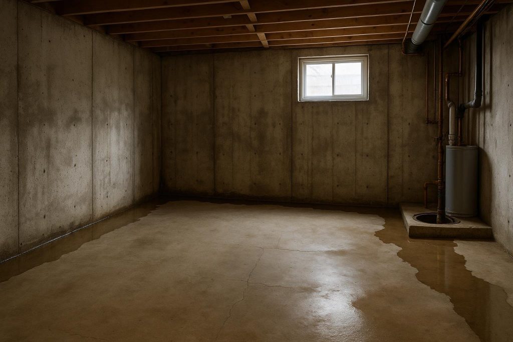 Water pooling on a concrete basement floor along the foundation wall of an Alliston home