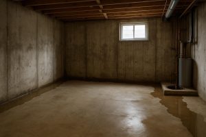 Water pooling on a concrete basement floor along the foundation wall of an Alliston home