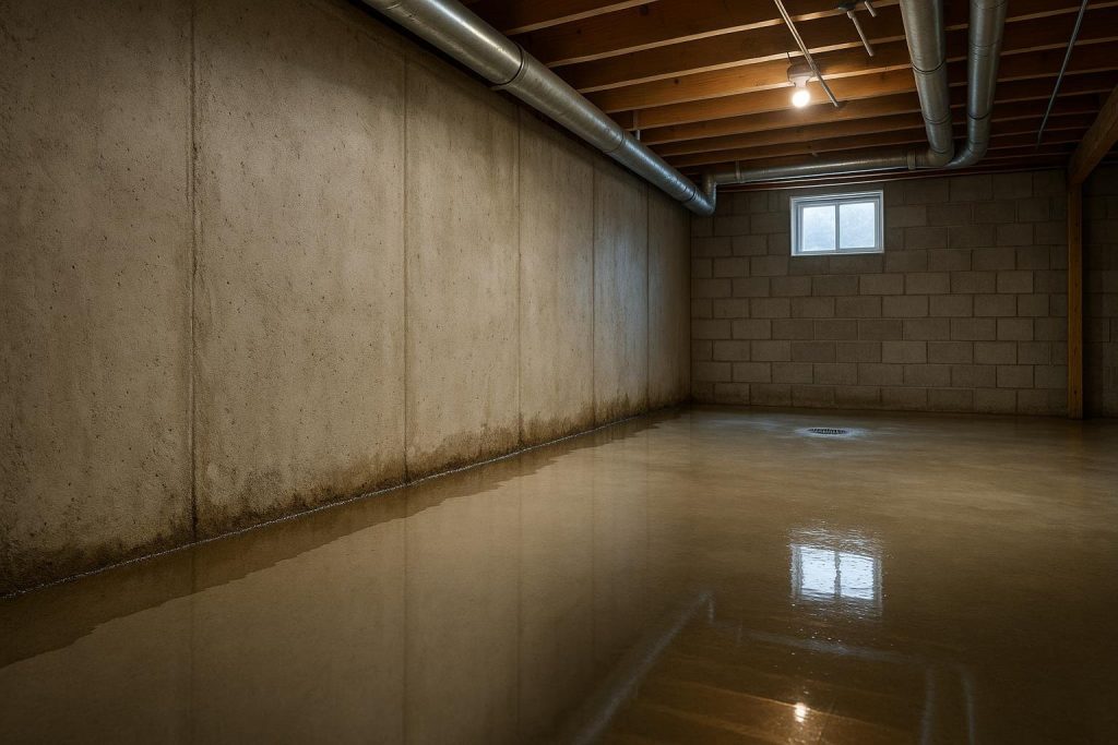 Water seeping through a poured concrete basement wall in an Innisfil home during spring thaw