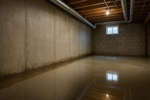 Water seeping through a poured concrete basement wall in an Innisfil home during spring thaw