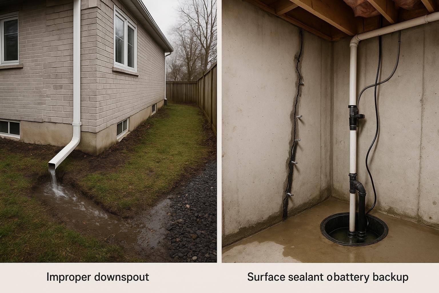 Common basement flooding mistakes including downspout and sump pump errors