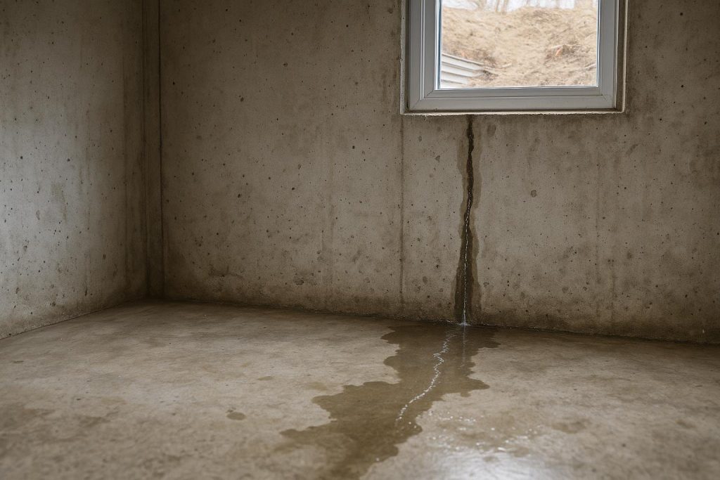 Water seeping through a poured concrete basement wall in an Oro-Medonte home during spring thaw