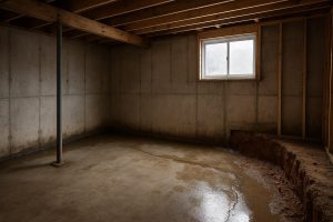 Water seeping through a poured concrete foundation wall in a Springwater Ontario basement