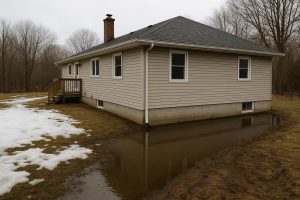 Exterior view of a Tiny Township home near Georgian Bay with saturated spring soil around the foundation