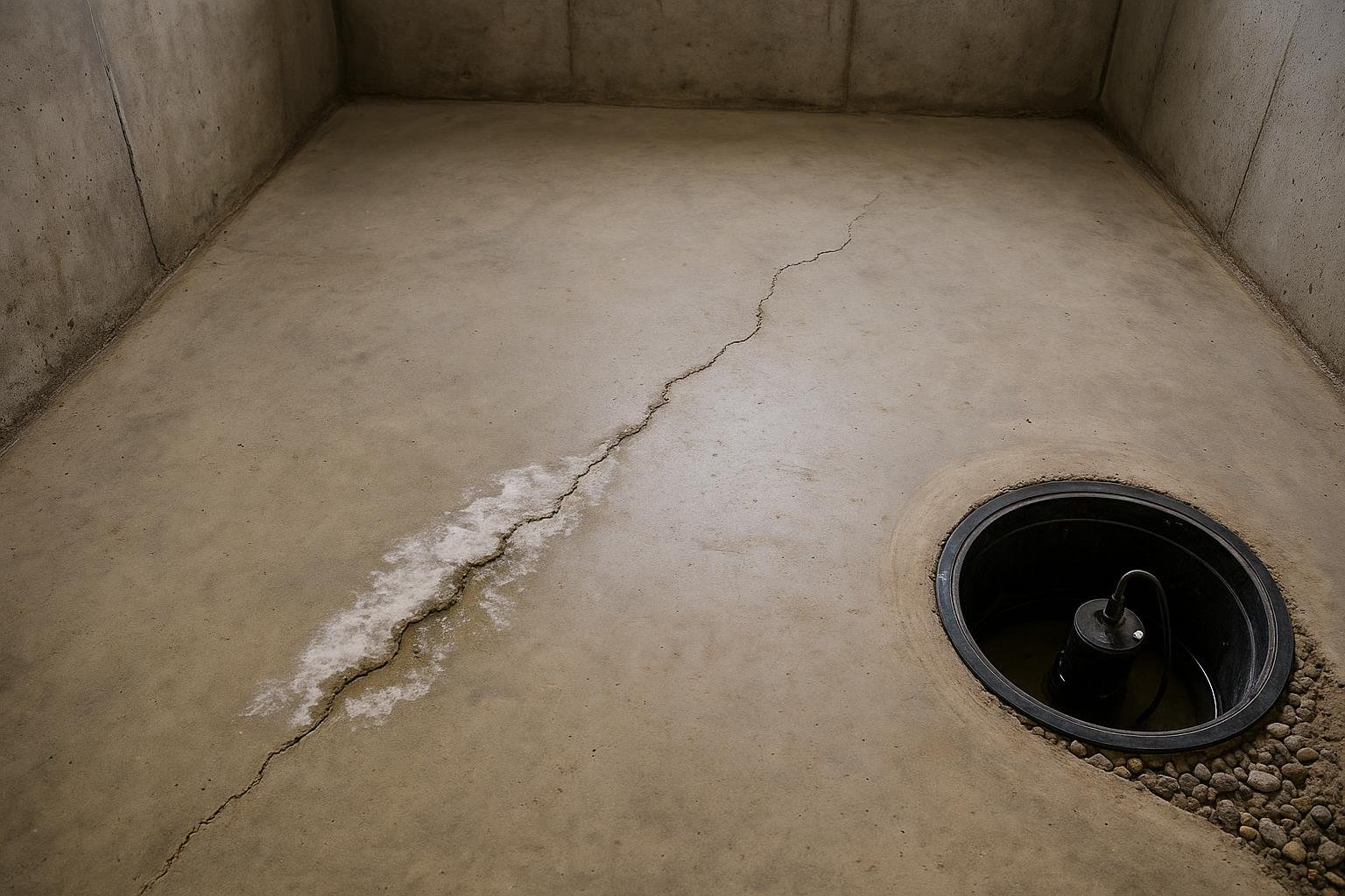 Basement floor slab crack with efflorescence before flooring installation
