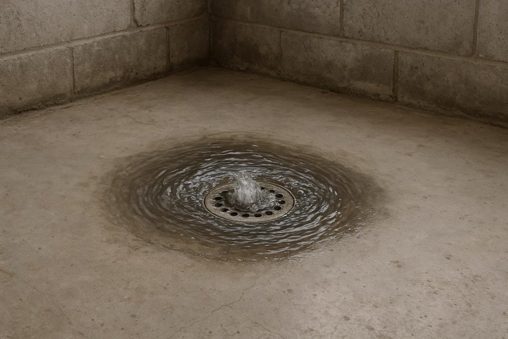 Water rising around a basement floor drain on concrete flooring