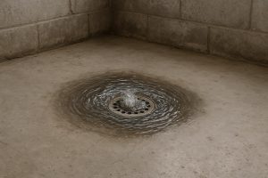 Water rising around a basement floor drain on concrete flooring