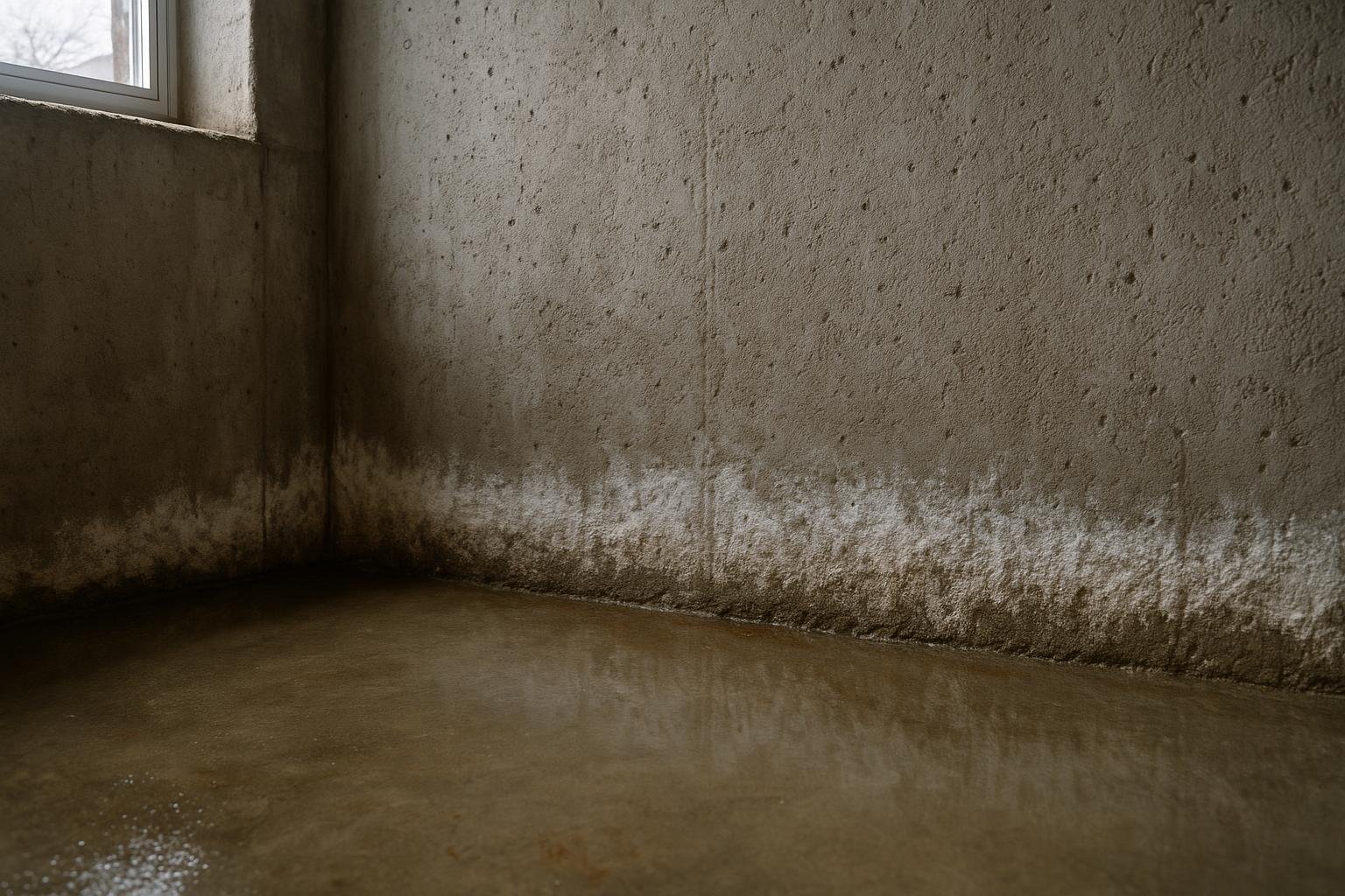 Damp floor-wall joint in a Toronto basement showing efflorescence mineral deposits along the base of a concrete wall