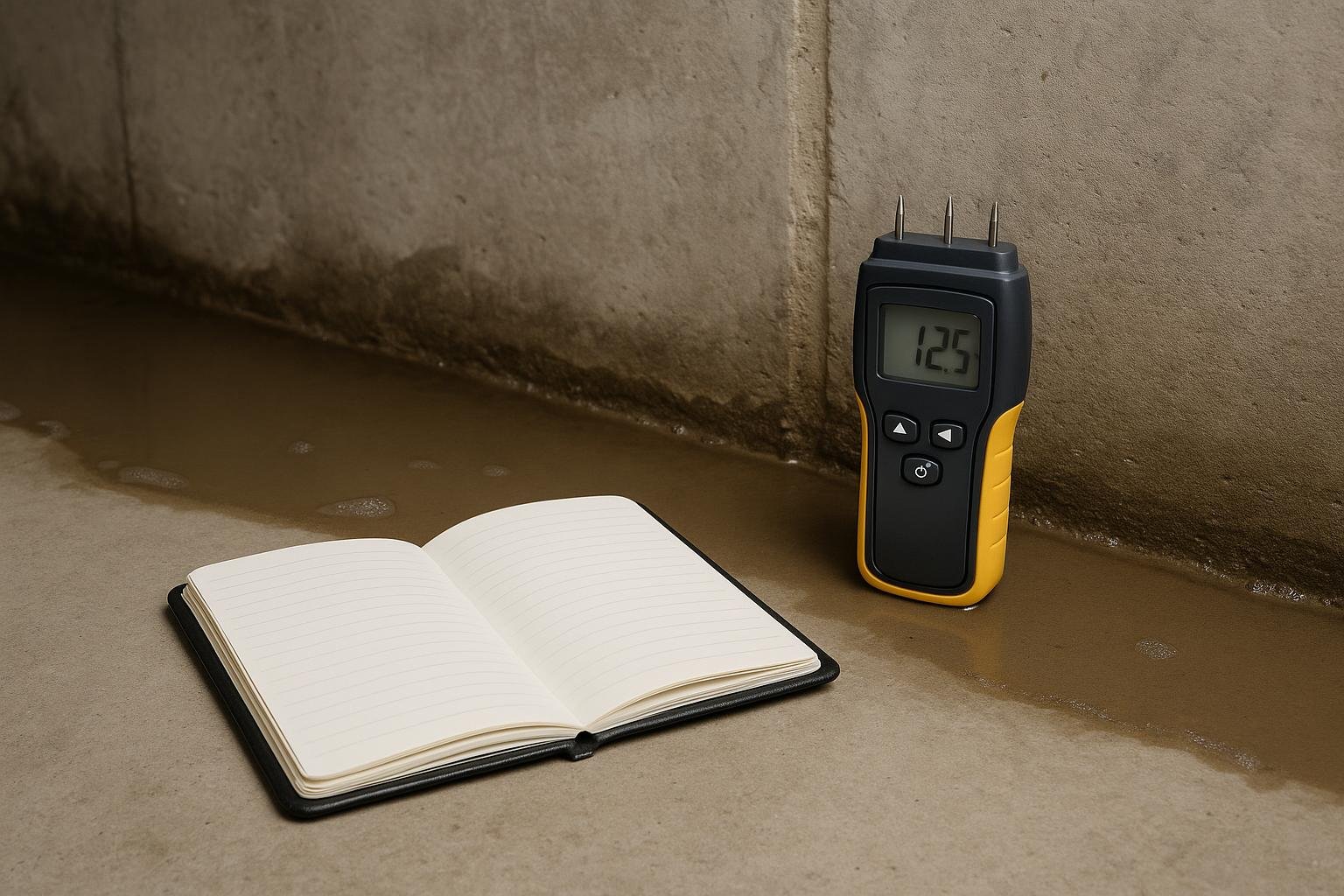 Moisture inspection tools beside a damp basement wall and floor junction
