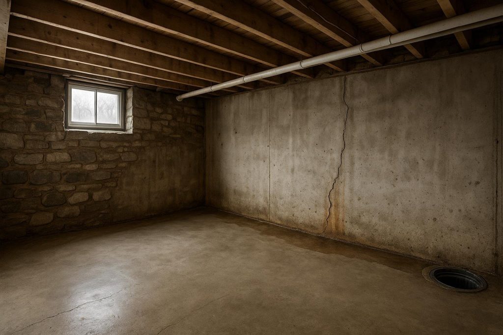 Clearview Township basement wall showing crack and water staining at floor joint