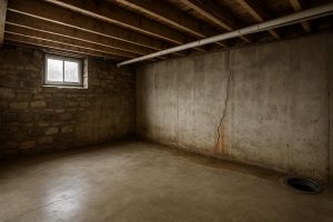 Clearview Township basement wall showing crack and water staining at floor joint
