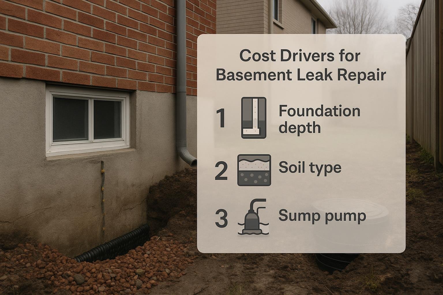 Cost driver icons for basement leak repair in Ontario homes
