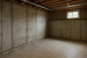 Wet poured-concrete foundation wall in an Essa home basement showing active seepage and efflorescence