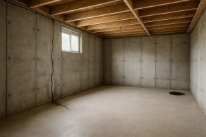 Wet poured-concrete foundation wall in an Innisfil basement showing active water seepage at a vertical crack