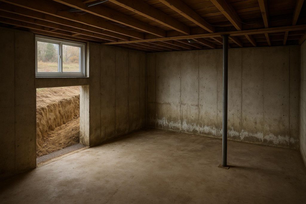 Poured concrete foundation wall in an Oro-Medonte home showing water seepage and efflorescence staining