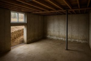 Poured concrete foundation wall in an Oro-Medonte home showing water seepage and efflorescence staining