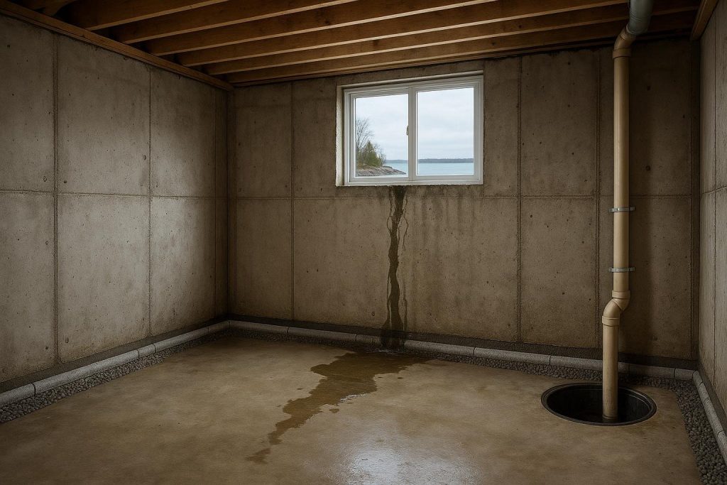 Basement foundation wall with water seepage in a Penetanguishene area home