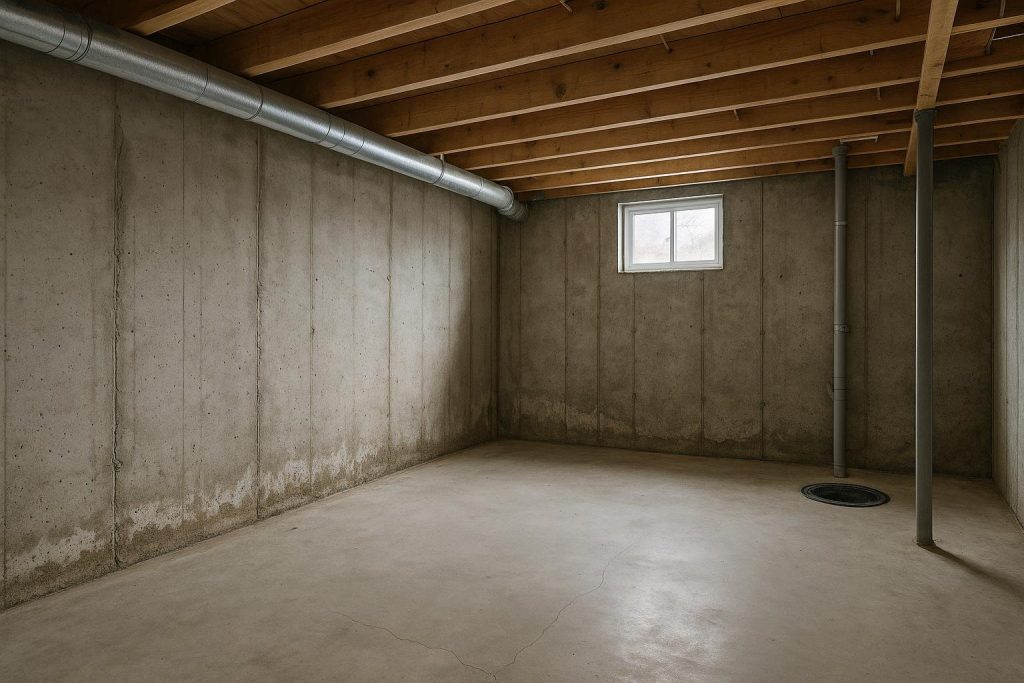 Damp poured concrete foundation wall in a Springwater Ontario basement showing water seepage