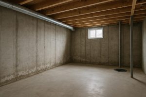 Damp poured concrete foundation wall in a Springwater Ontario basement showing water seepage