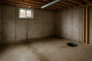 Wet poured concrete basement wall with active crack seepage in a Tiny Township home