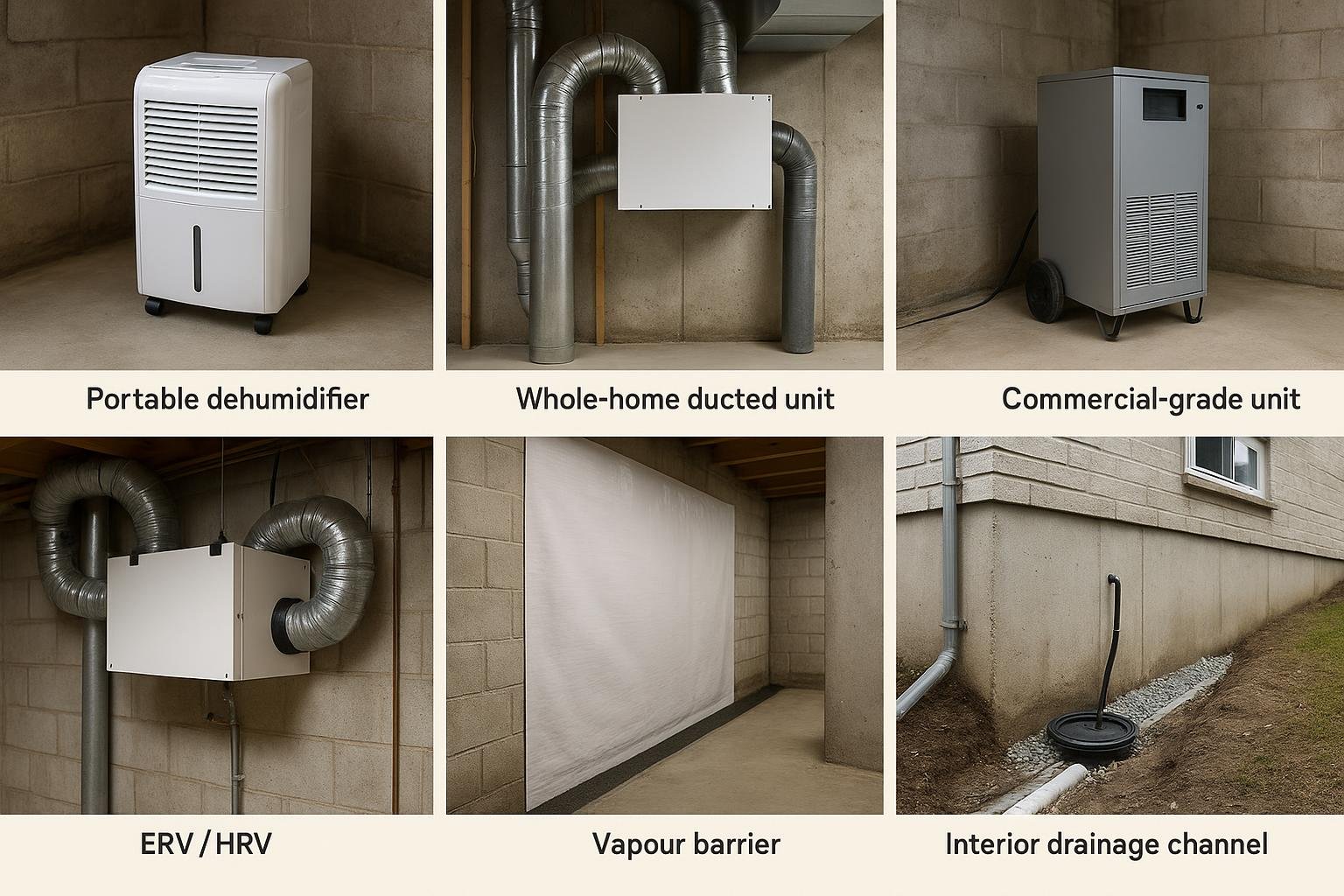 Six basement moisture management options compared in a labelled diagram