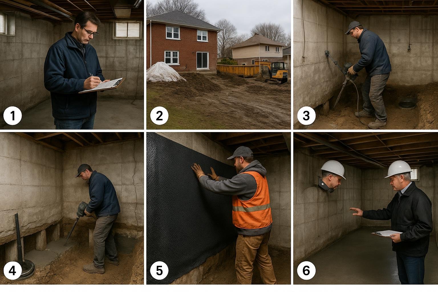 Seven-step process illustration for basement underpinning from engineering assessment to final inspection