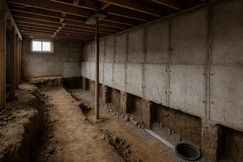 Toronto basement interior showing sequential concrete panel forms during underpinning excavation