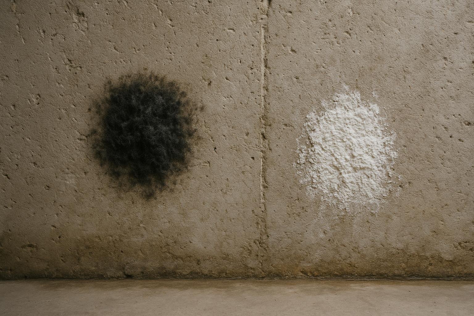 Side-by-side view of mold growth and white efflorescence on a concrete basement wall